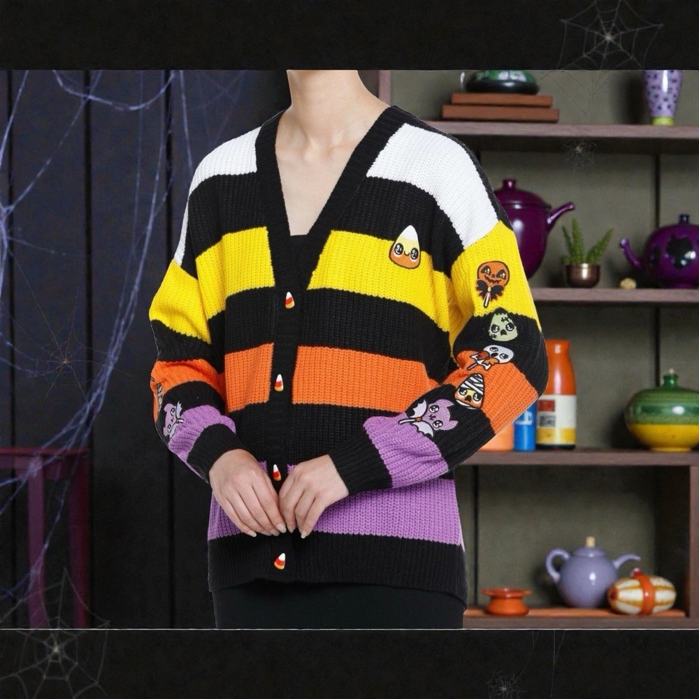 Hot Topic Sweet Society Kawaii Halloween Candy Striped Cardigan Size XL Sweater